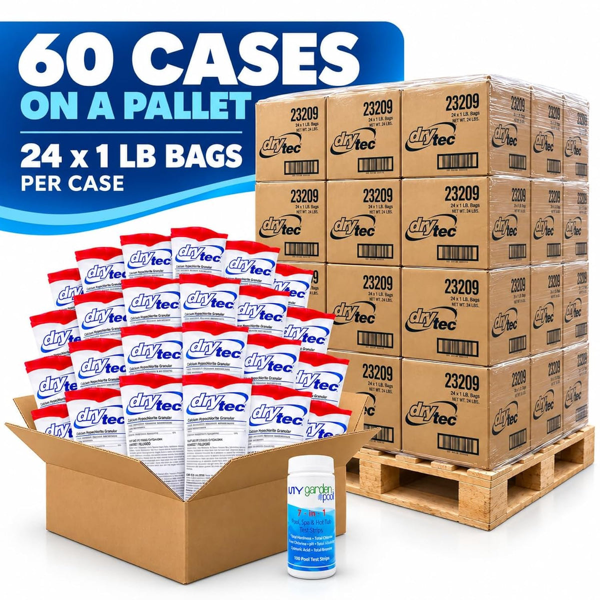 Drytec Calcium Hypochlorite Pool Shock 1 lb 68% Bag, 24 Pack x 60 CASES, Complete Pool Care Kit with My Garden Pool 7-in-1 Test Strips – Powerful Chlorine Shock for Clear Swimming Water - 1 PALLET