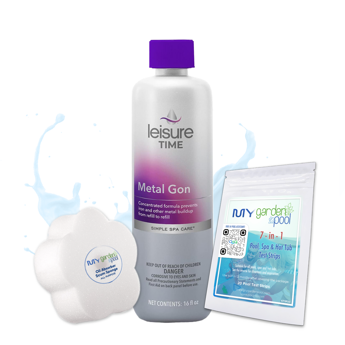 Leisure Time Metal Gon 16 fl oz – Prevents Stains from Metals – Protects Spa Surfaces – Includes Scum Sponge and 7-in-1 Test Strips