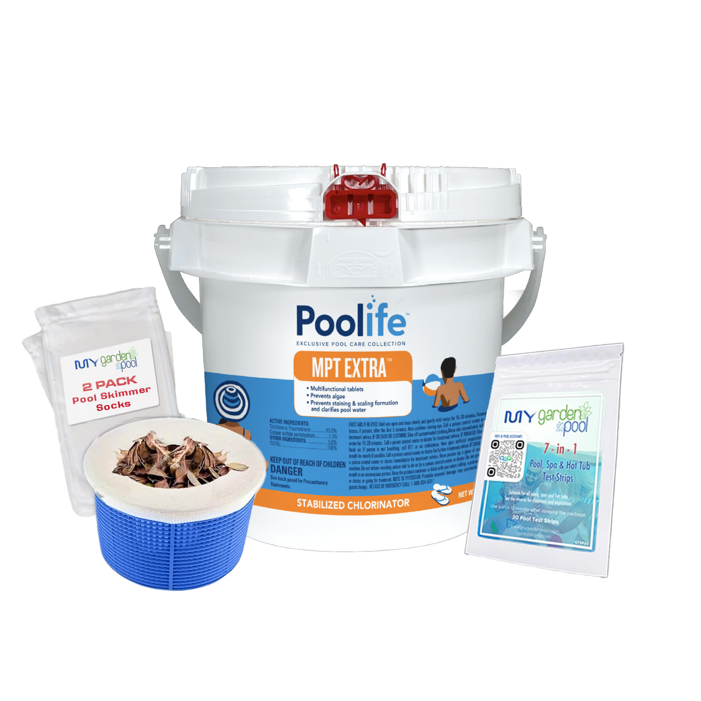 Poolife MPT Extra 4 lb – 3-in-1 Chlorine Tablets for Complete Pool Care – Sanitizes, Clarifies & Prevents Algae – Includes 2 Scum Socks and 7-in-1 Test Strips