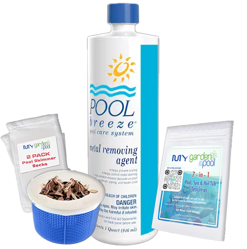 Pool Breeze Metal Removing Agent – 32 oz – Helps Prevent Stains & Discoloration – Includes Scum Socks & Test Strips