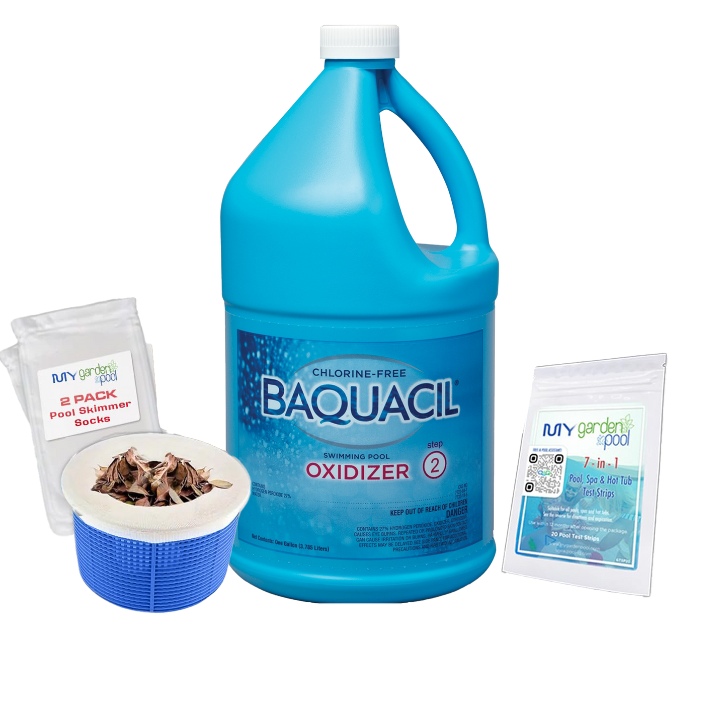 BAQUACIL Swimming Pool Oxidizer – 1 Gallon Non-Chlorine Shock Treatment – Oxidizes Organic Contaminants – Includes Test Strips & Scum Socks