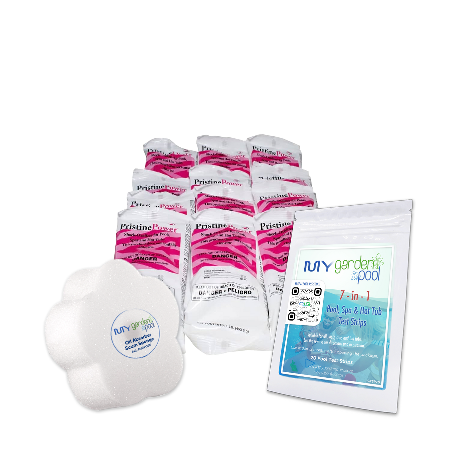 PristinePower 1 lb x 12 Pack – Non-Chlorine Oxidizing Shock Case – Clear Pool Water All Season Long – Bonus Scum Socks & Test Strips Included