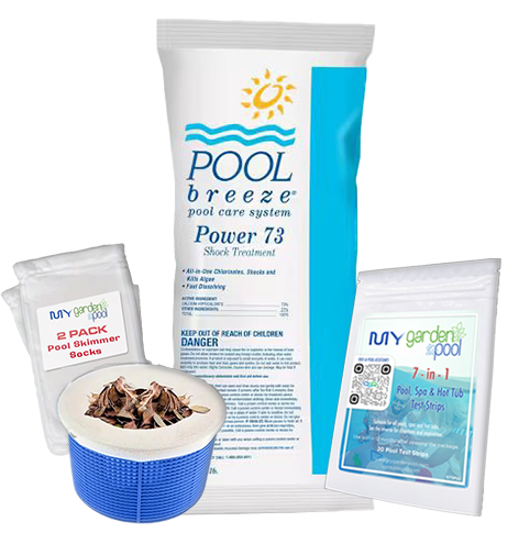 Pool Breeze Power 73% Cal Hypo Granular Chlorine Shock – 1 lb – Ultra-Strong Sanitizer – Includes Scum Socks & Test Strips