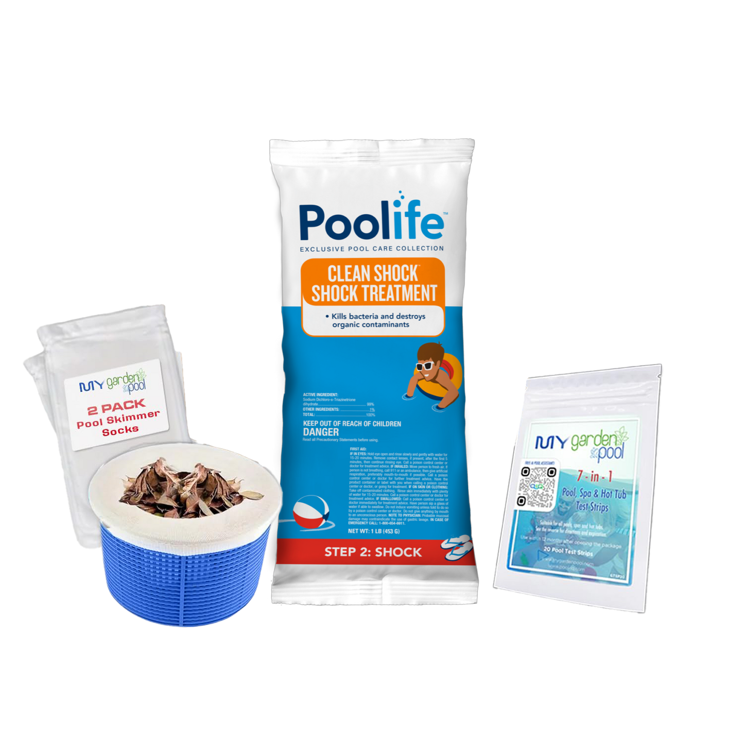Poolife Clean Shock 1 lb – Quick-Dissolving Oxidizer for Crystal Clear Water – Ideal for Weekly Shocking – Includes 2 Scum Socks and 7-in-1 Test Strips