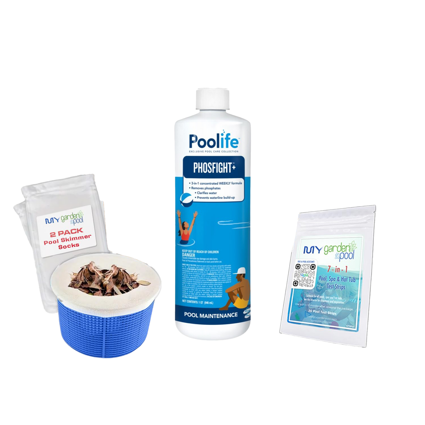 Poolife PhosFIGHT Plus 32 fl oz – Phosphate Remover for Pools – Prevents Algae Growth – Includes 2 Scum Socks and 7-in-1 Test Strips