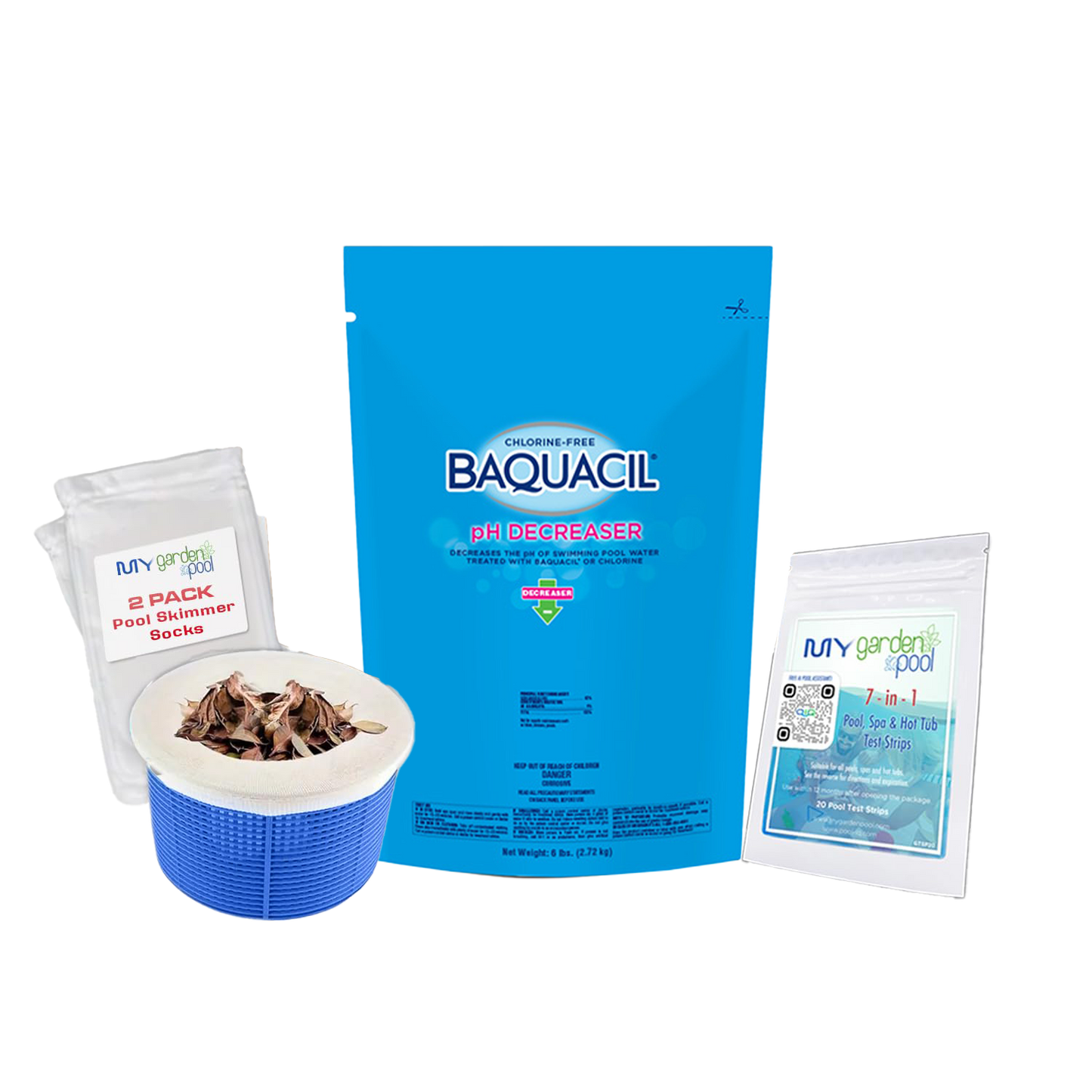 BAQUACIL pH Decreaser – 6 lb Bag – Lowers High pH Safely in Chlorine-Free Pools – Prevents Scaling & Eye Irritation – Includes Scum Socks & Test Strips