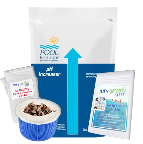 Pool Breeze pH Increaser – 5 lb Bag – Raises Low pH Safely – Includes Scum Socks & Test Strips