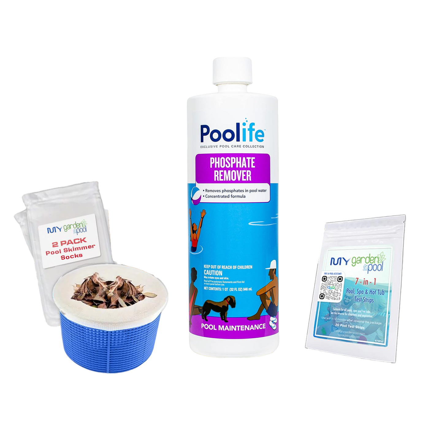 Poolife Phosphate Remover 32 fl oz – Controls Algae-Causing Phosphates – Crystal Clear Water – Includes Test Strips and 2 Scum Socks