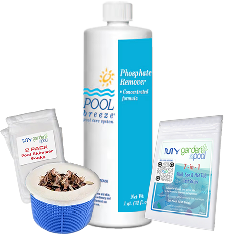 Pool Breeze Phosphate Remover – 32 oz – Controls Algae Growth – Includes Scum Socks & Test Strips