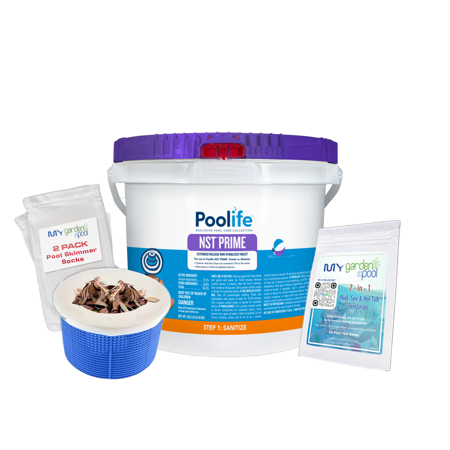Poolife NST Prime Tablets 39 lb – Stabilizer-Free Chlorine Tablets – Long-Lasting Sanitizer – Includes 2 Scum Socks and 7-in-1 Test Strips
