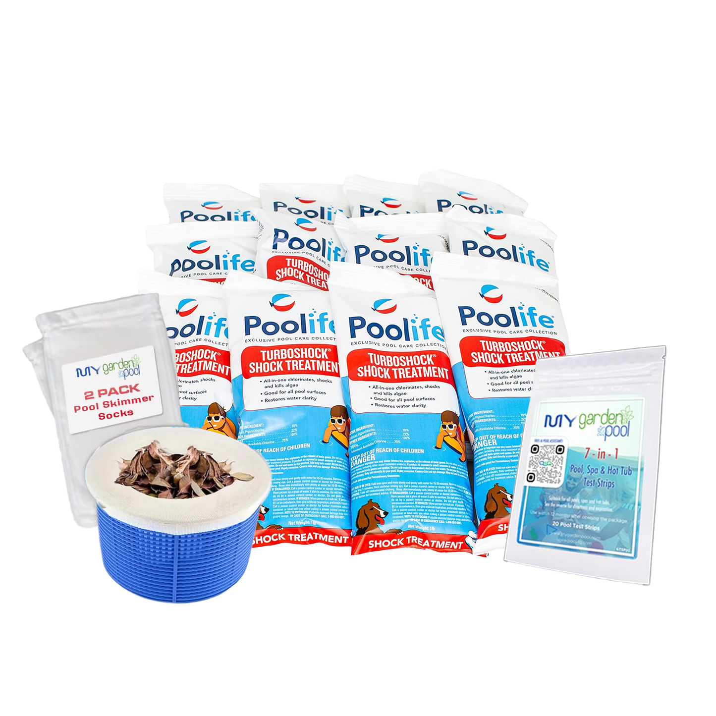 Poolife TurboShock Treatment 1lb x 12 – Powerful Pool Shock Bundle – Crystal Clear Water – Includes 2 Scum Socks and 7-in-1 Test Strips