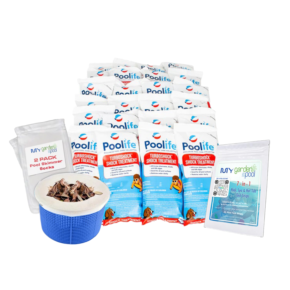 Poolife TurboShock Treatment 55-Pack (1 lb Each) – Powerful Chlorine Shock for Crystal-Clear Pools – Includes 2 Scum Socks & 7-in-1 Test Strips