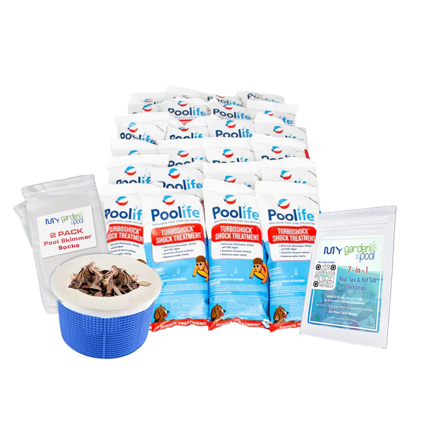 Poolife TurboShock Treatment 55-Pack (1 lb Each) – Powerful Chlorine Shock for Crystal-Clear Pools – Includes 2 Scum Socks & 7-in-1 Test Strips