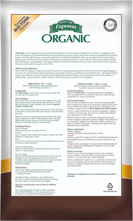 Espoma Plant-tone 50 lb – All-Purpose Organic Feeding + Free Claw Gloves & pH Test Kit