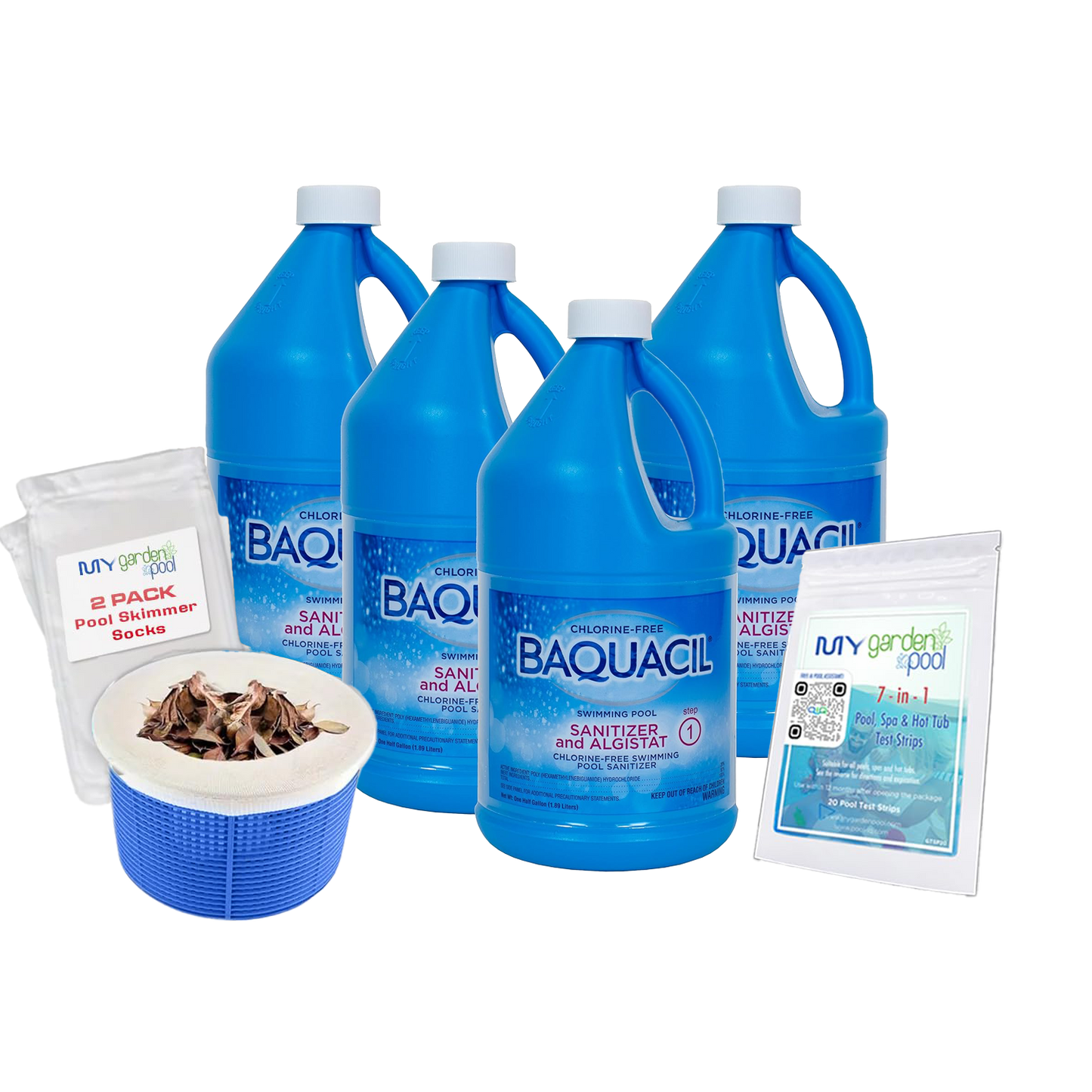 BAQUACIL Swimming Pool Sanitizer and Algistat – Case of 4 x 64 fl oz Bottles – Chlorine-Free Sanitizer System – Includes 4 Scum Socks & 4 Test Strip Kits