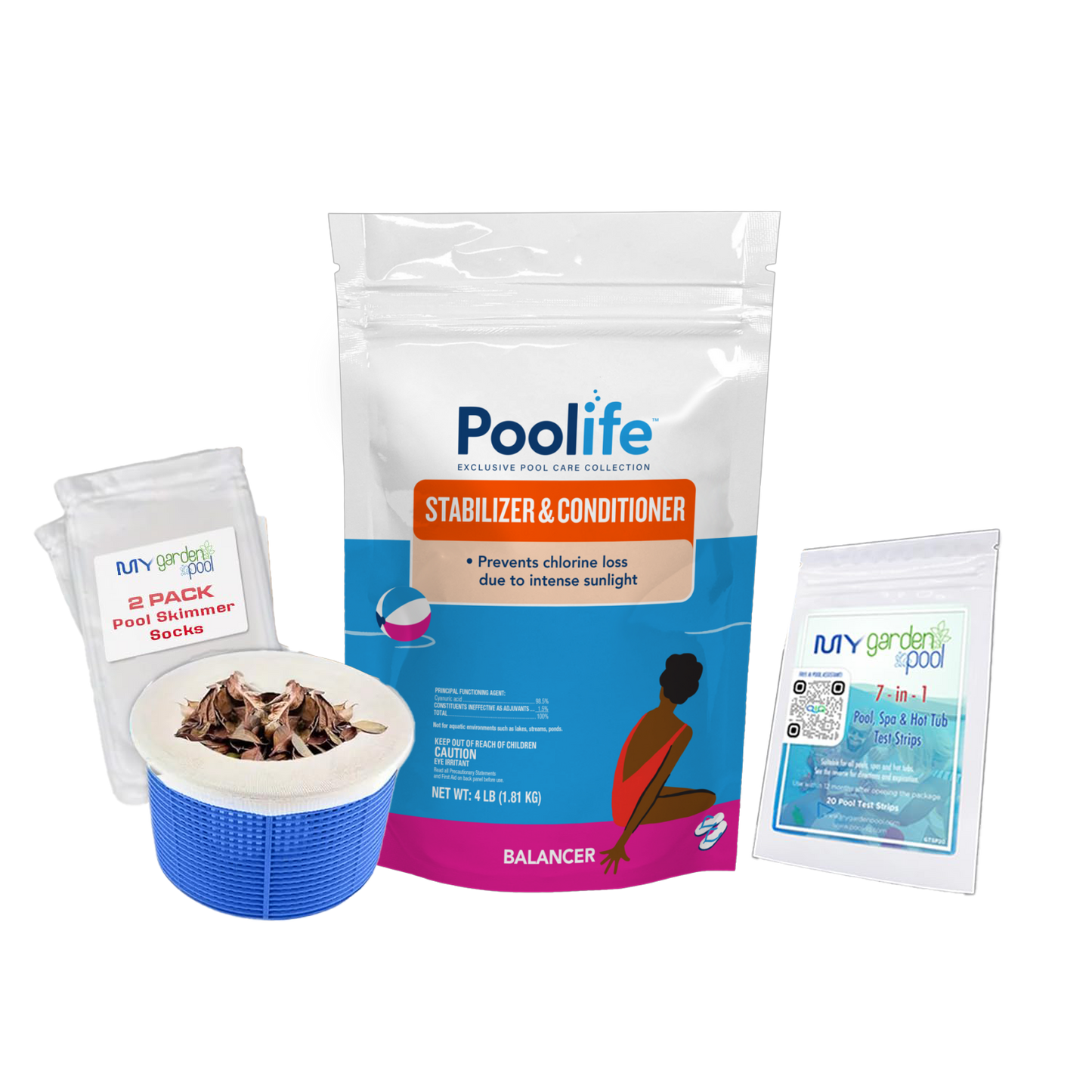 Poolife Stabilizer & Conditioner (Bag) – 4 lb Water Conditioner for Pools – Protects Chlorine from Sunlight – Includes Scum Socks & Test Strips