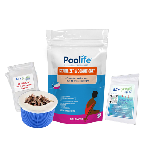 Poolife Stabilizer & Conditioner (Bag) – 4 lb Water Conditioner for Pools – Protects Chlorine from Sunlight – Includes Scum Socks & Test Strips