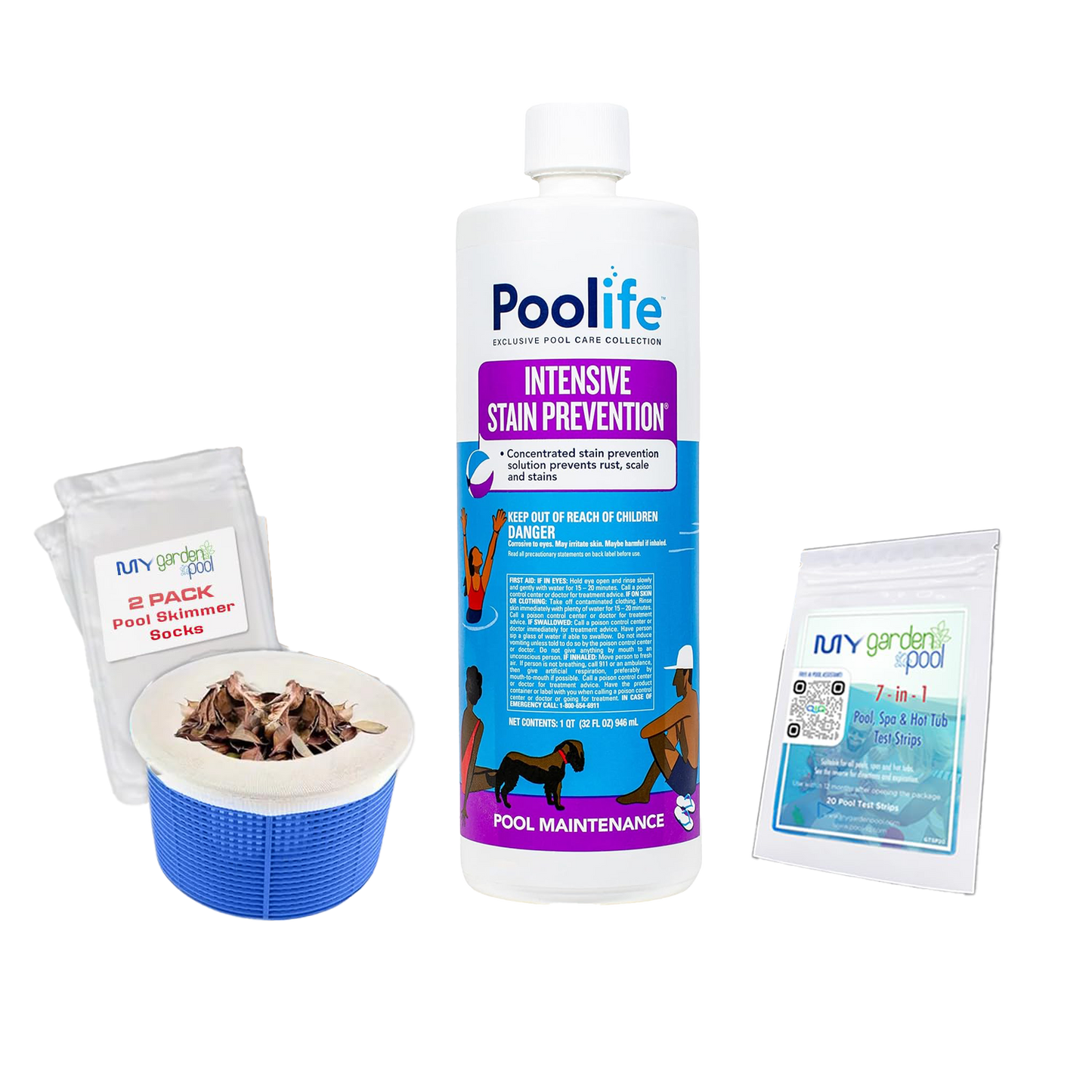 Poolife Intensive Stain Prevention 32 fl oz – Prevents Stains from Metals & Minerals – Protects Pool Surfaces – Includes Test Strips and 2 Scum Socks