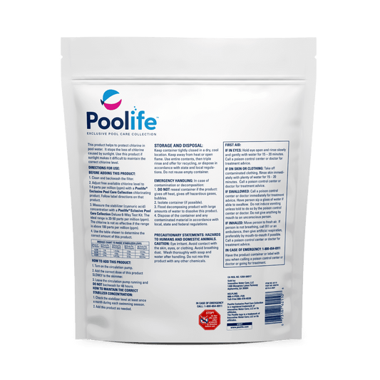 Poolife Stabilizer & Conditioner (Bag) – 4 lb Water Conditioner for Pools – Protects Chlorine from Sunlight – Includes Scum Socks & Test Strips