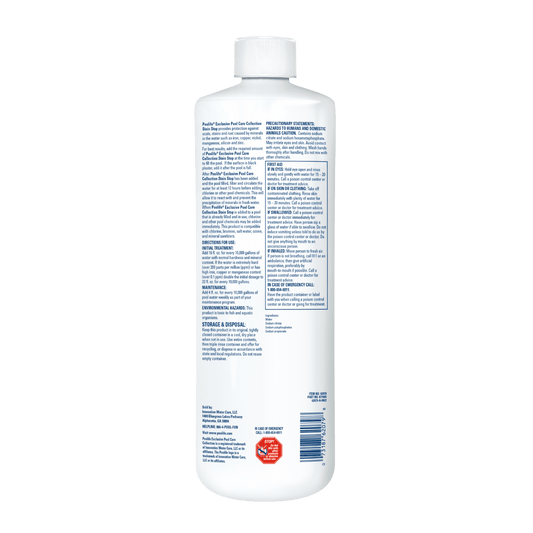 Poolife Stain Stop 32 fl oz – Protects Against Metal & Scale Stains – Ideal for Weekly Use – Includes Test Strips and 2 Scum Socks