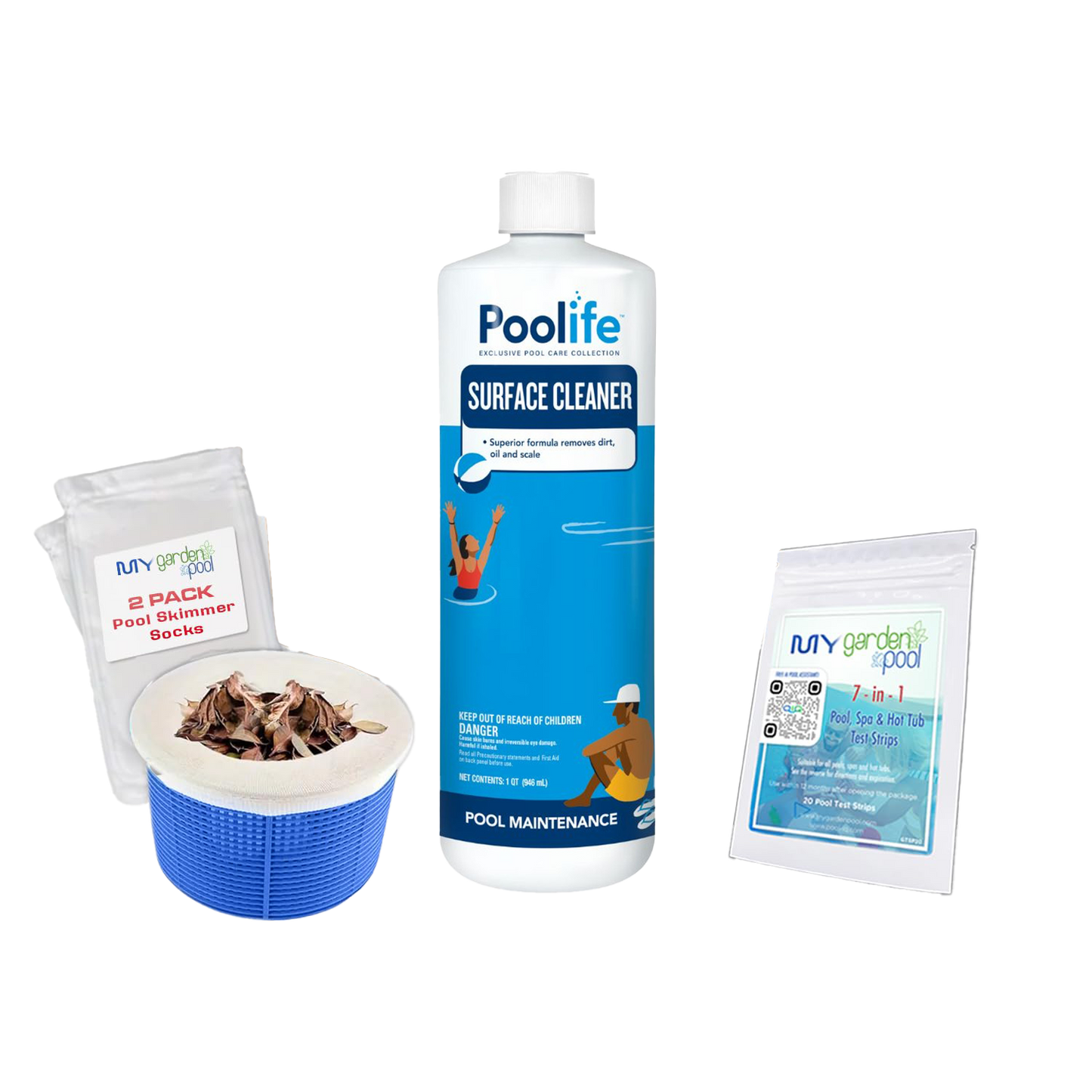 Poolife Surface Cleaner 32 fl oz – Removes Scum Lines & Grease from Pool Walls – Safe for All Surfaces – Bonus Test Strips & 2 Scum Socks