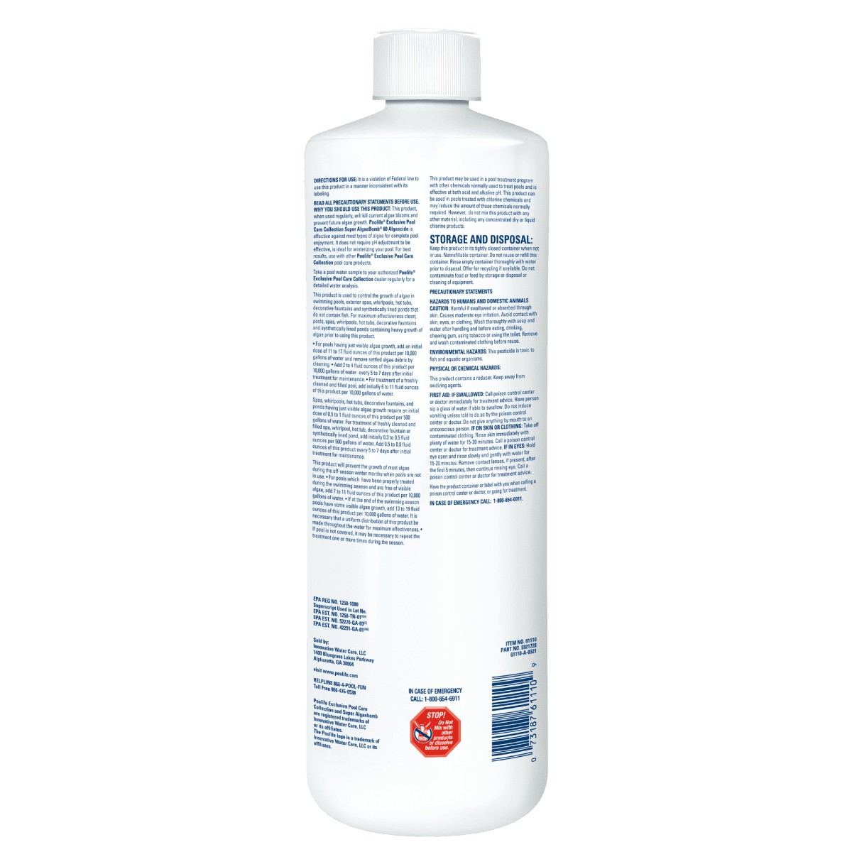 Poolife Super AlgaeBomb 60 – 32 fl oz Non-Foaming Algaecide – Kills Green & Mustard Algae Fast – Includes 2 Scum Socks and 7-in-1 Test Strips