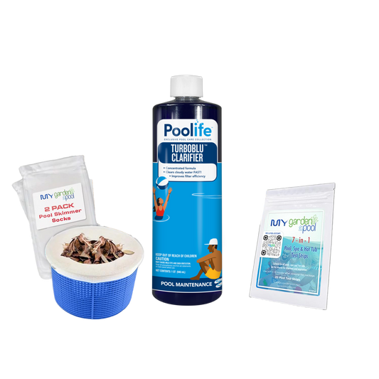 Poolife TurboBlu Clarifier 32 fl oz – Supercharged Pool Water Polisher – Eliminates Cloudy Water Fast – Includes 2 Scum Socks and 7-in-1 Test Strips