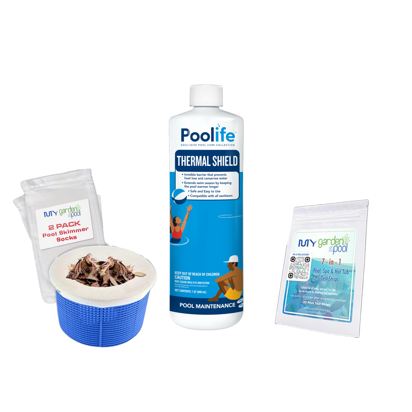 Poolife Thermal Shield 32 fl oz – Reduces Heat Loss & Evaporation – Enhances Pool Energy Efficiency – Includes Test Strips & 2 Scum Socks