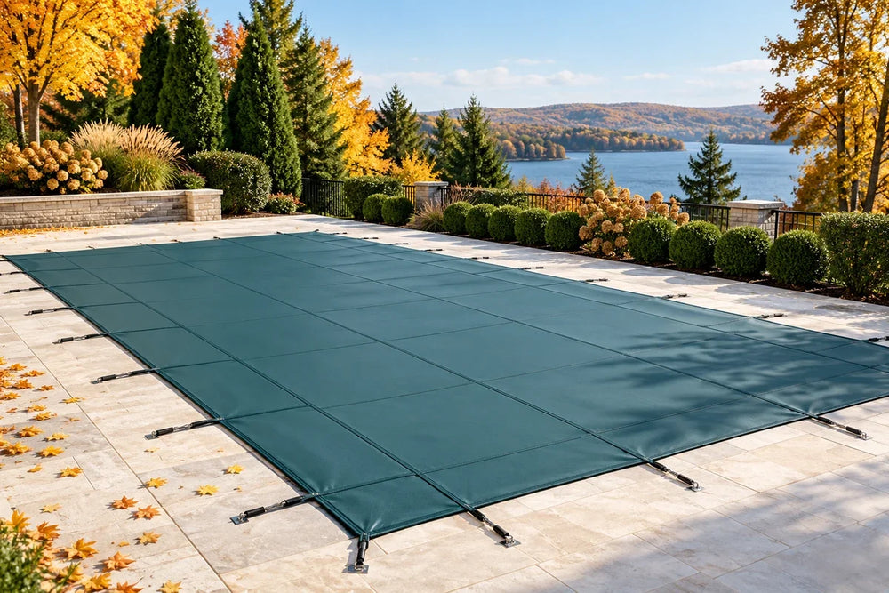 A pool secured with a teal winter safety cover among autumn trees