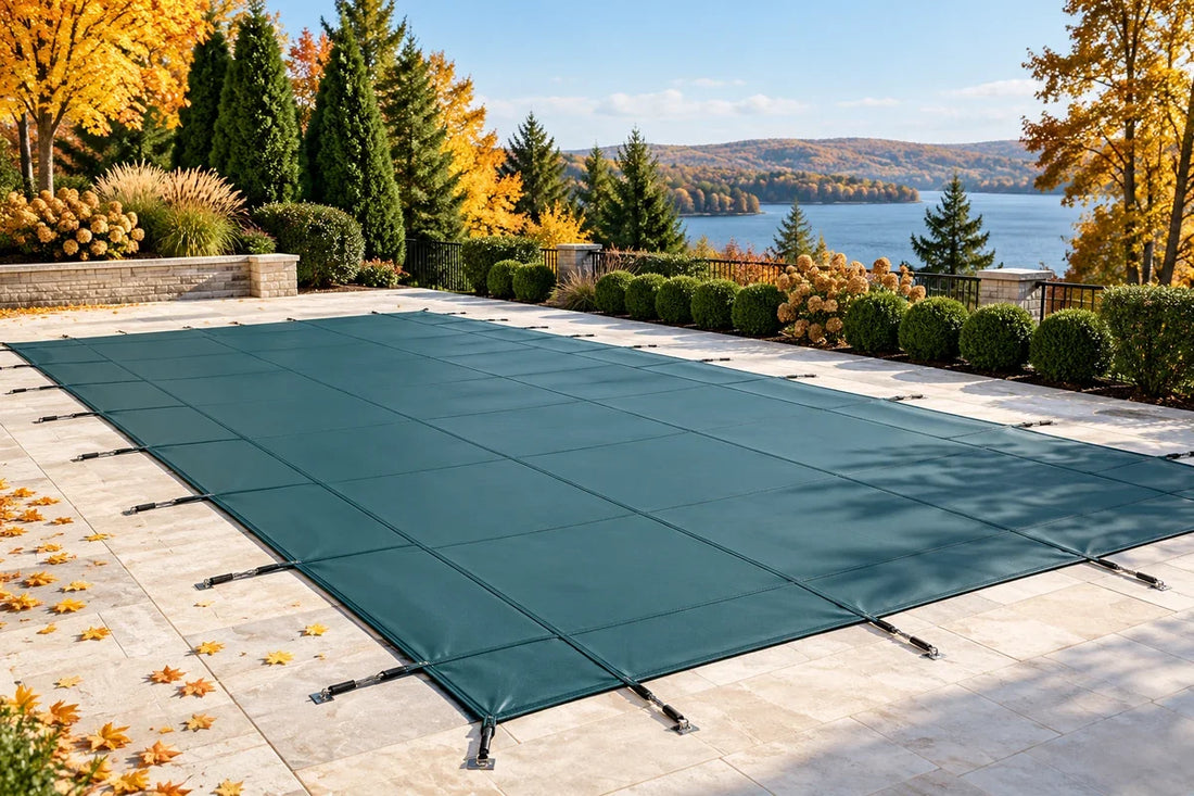 A pool secured with a teal winter safety cover among autumn trees