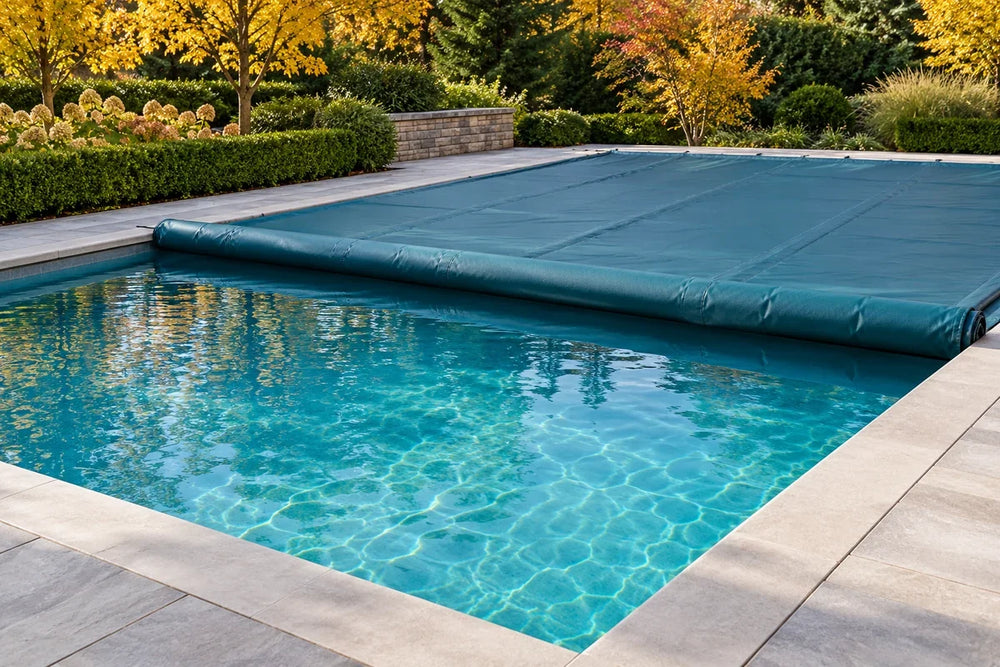 A teal winter cover being unfurled across a clean pool in autumn