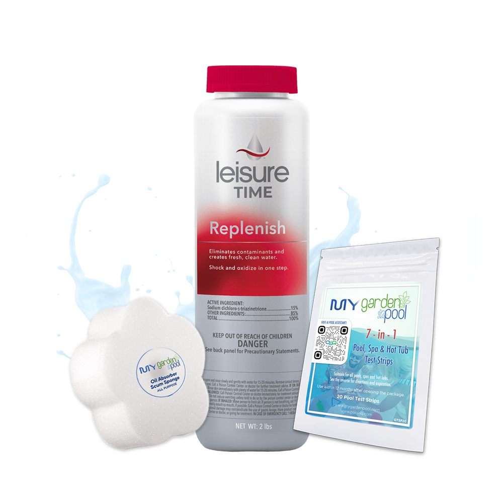 Leisure Time Replenish 2 lbs – Spa Shock and Oxidizer – Fast Water Clarifier – Includes Scum Sponge and 7-in-1 Test Strips