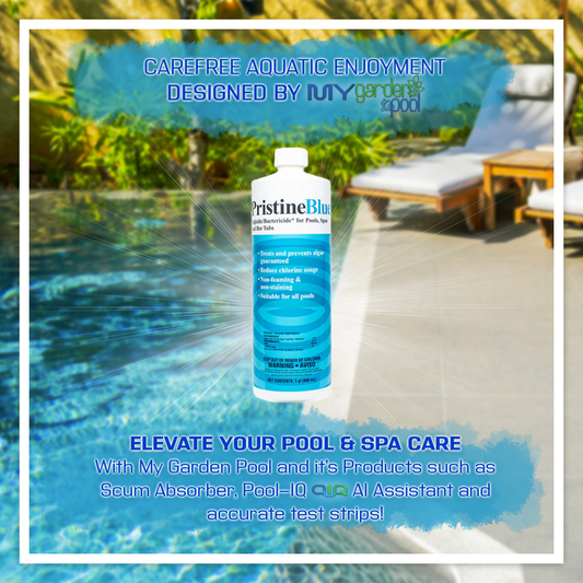 PristineBlue 32 fl oz – Chlorine-Free Pool and Spa Water Sanitizer – Gentle and Effective – Includes Scum Sponge, Flower Oil-Absorbing Sponge, and 7-in-1 Test Strips