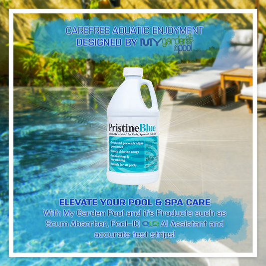 PristineBlue 64 fl oz – Long-Lasting Spa and Pool Sanitizer – Soft on Skin and Surfaces – Includes Scum Sponge, Flower Oil-Absorbing Sponge, and 7-in-1 Test Strips