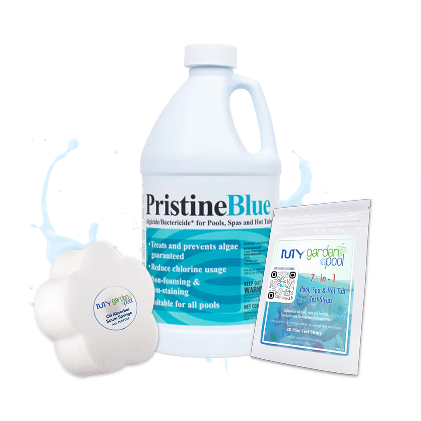 PristineBlue 64 fl oz – Long-Lasting Spa and Pool Sanitizer – Soft on Skin and Surfaces – Includes Scum Sponge, Flower Oil-Absorbing Sponge, and 7-in-1 Test Strips
