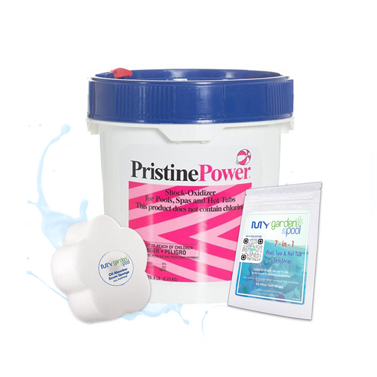 PristinePower 5 lbs – Powerful Spa and Pool Oxidizer – Clears Water Fast – Includes Scum Sponge, Flower Oil-Absorbing Sponge, and 7-in-1 Test Strips