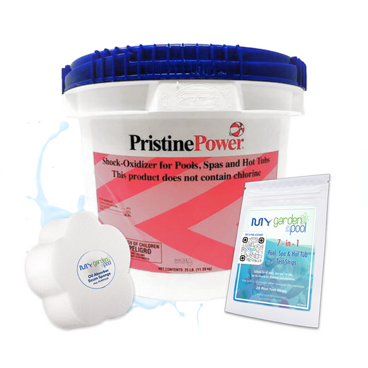 PristinePower 25 lb – Bulk Non-Chlorine Oxidizing Shock – Ideal for Season-Long Water Clarity – Includes Scum Sponge & Test Strips