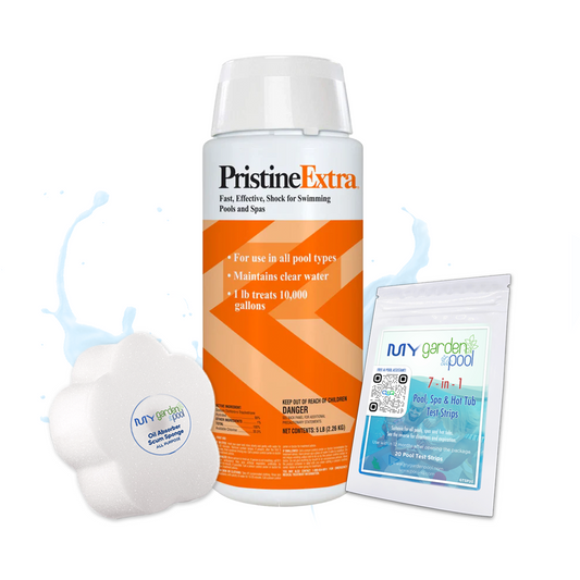 PristineExtra 5 lbs – Heavy-Duty Spa and Pool Oxidizer – Removes Organic Contaminants – Includes Scum Sponge, Flower Oil-Absorbing Sponge, and 7-in-1 Test Strips