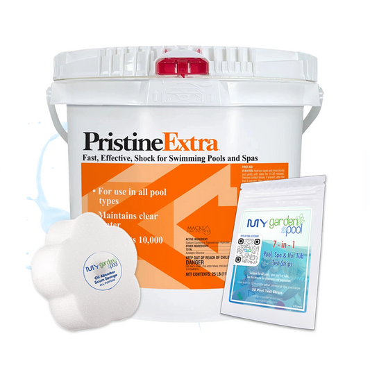PristineExtra 25 lbs – Bulk Oxidizer for Pools and Spas – Maintains Sparkling Water – Includes Scum Sponge, Flower Oil-Absorbing Sponge, and 7-in-1 Test Strips