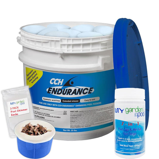 CCH Endurance 3" Cal Hypo Tablets 25 lb - 23227 – Fast-Dissolving Pool Chlorine Tabs – Includes 4 Scum Socks & 100 Test Strips