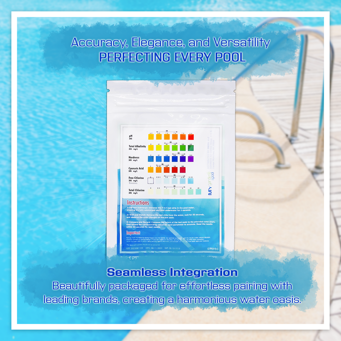 BAQUACIL Swimming Pool Sanitizer and Algistat 64 fl oz – Long-Lasting Pool Sanitizer – Effective Algae Prevention – Includes 2 Scum Socks and 7-in-1 Test Strips