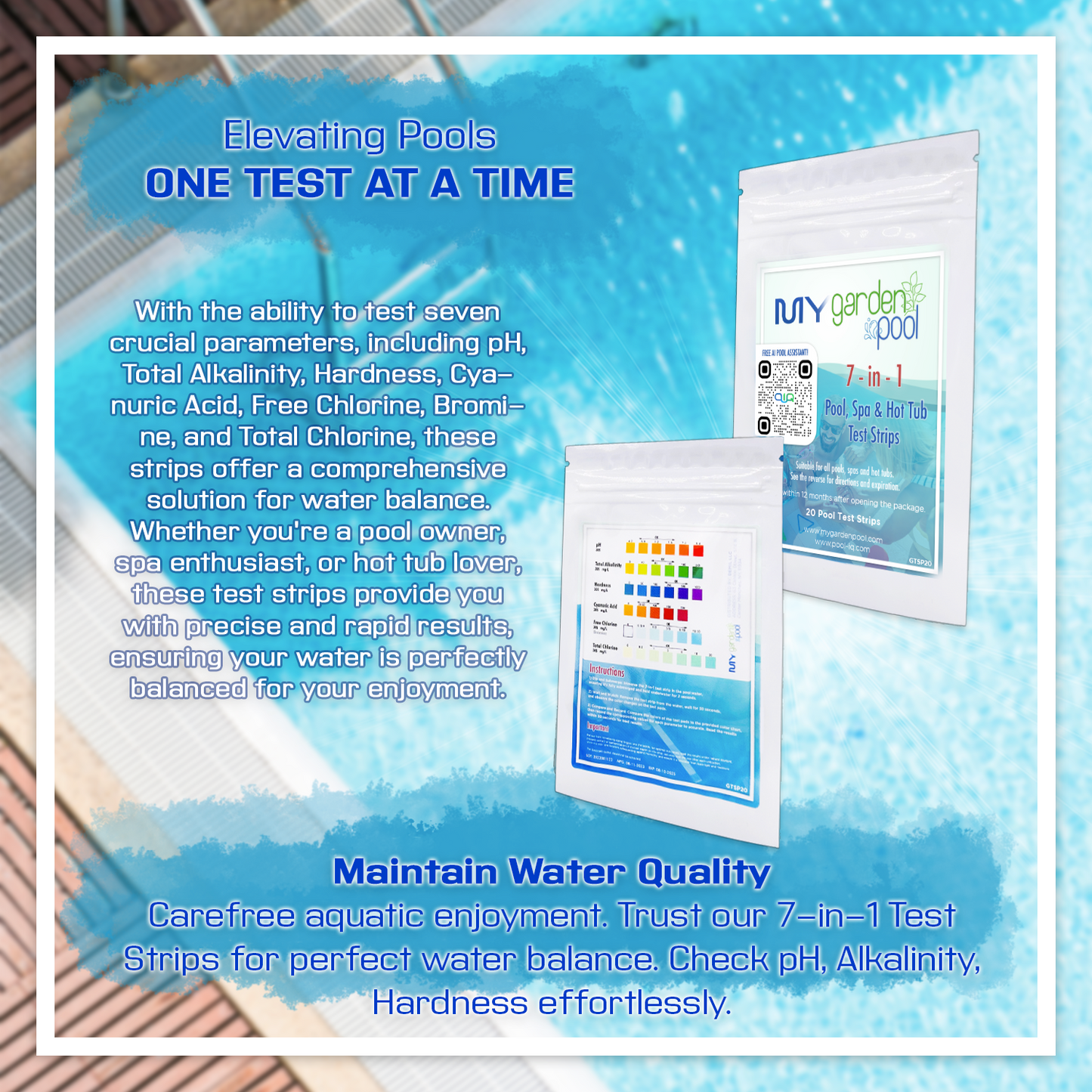 BAQUACIL Swimming Pool Sanitizer and Algistat 64 fl oz – Long-Lasting Pool Sanitizer – Effective Algae Prevention – Includes 2 Scum Socks and 7-in-1 Test Strips