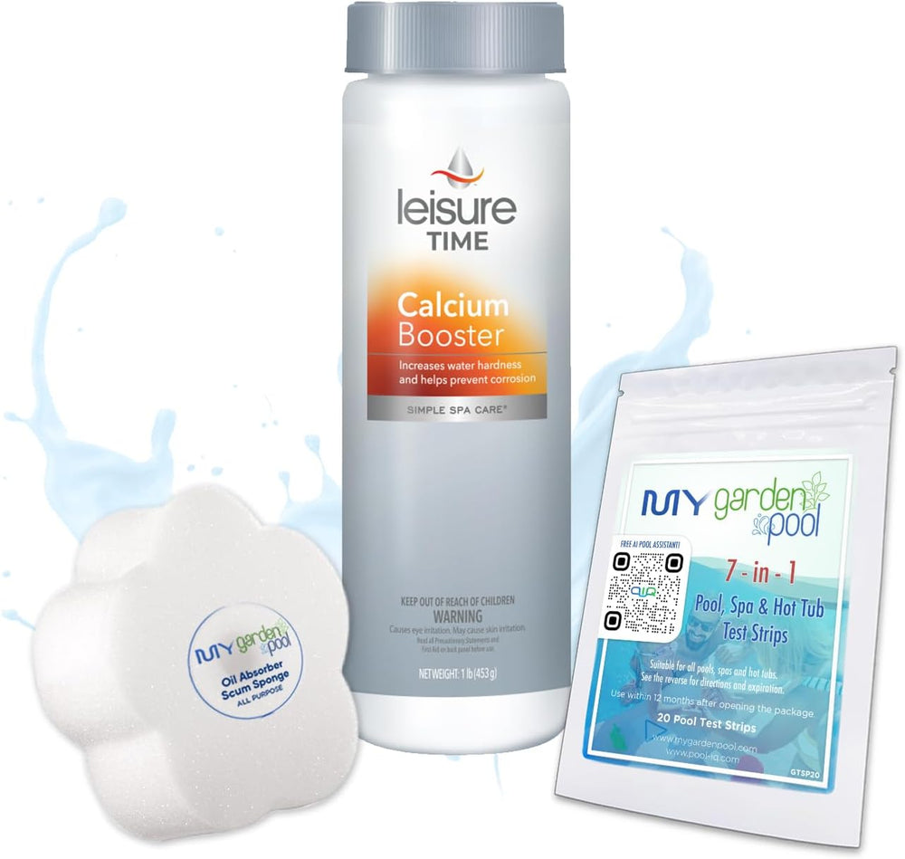 Leisure Time Calcium Booster 1 lb – Prevents Spa Water Corrosion – Protects Spa Surfaces – Includes Scum Sponge and 7-in-1 Test Strips
