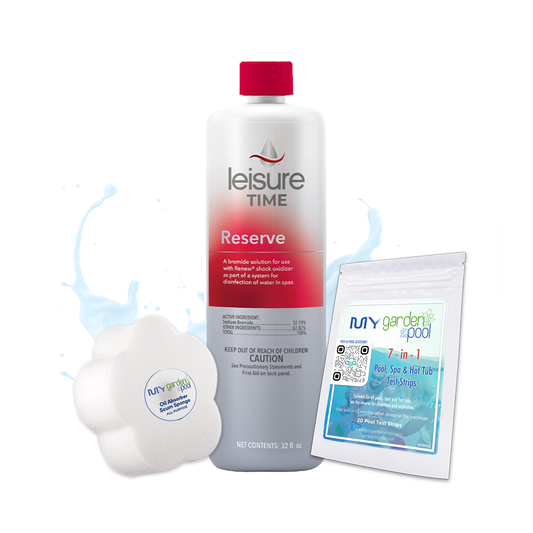 Leisure Time Reserve 32 fl oz – Bromide Solution for Spa Water Prep – Enhances Sanitizer Effectiveness – Includes Scum Sponge and 7-in-1 Test Strips