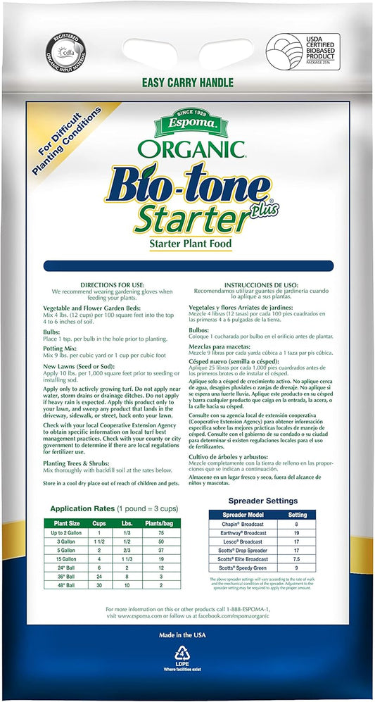 Bio-tone Starter Plus 25 lb – Espoma Organic Fertilizer with Myco-Tone – Includes My Garden Pool Claw Gloves & Soil pH Test Strips
