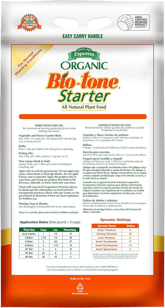 Bio-tone Starter 25 lb – Espoma Organic Plant Transplant Fertilizer – Includes My Garden Pool Claw Gloves & Soil pH Test Strips