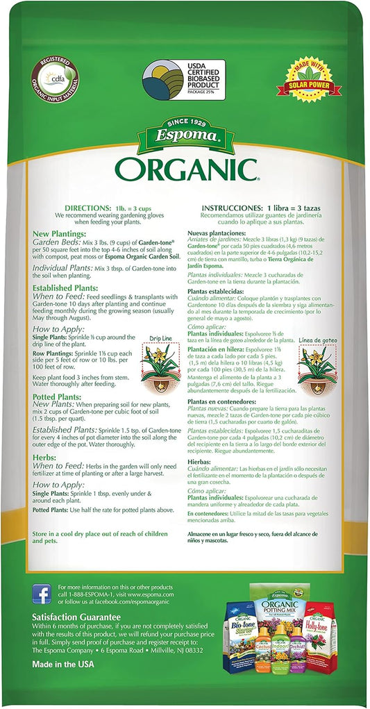 Espoma Garden-tone 8 lb – Organic Fertilizer for Vegetables & Herbs + Free Claw Gloves & Soil pH Test Kit
