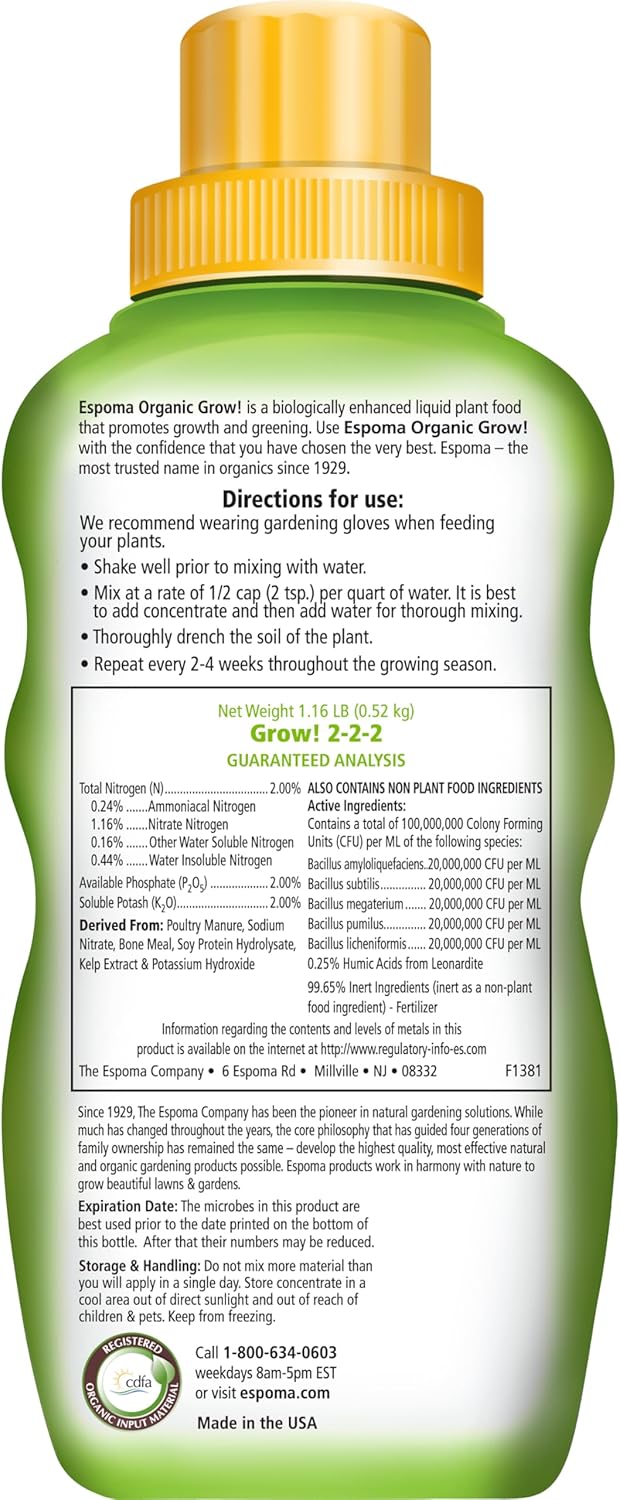 Grow! 16 oz – Espoma Organic Liquid Plant Food for All-Purpose Growth – Includes My Garden Pool Claw Gloves & Soil pH Test Strips