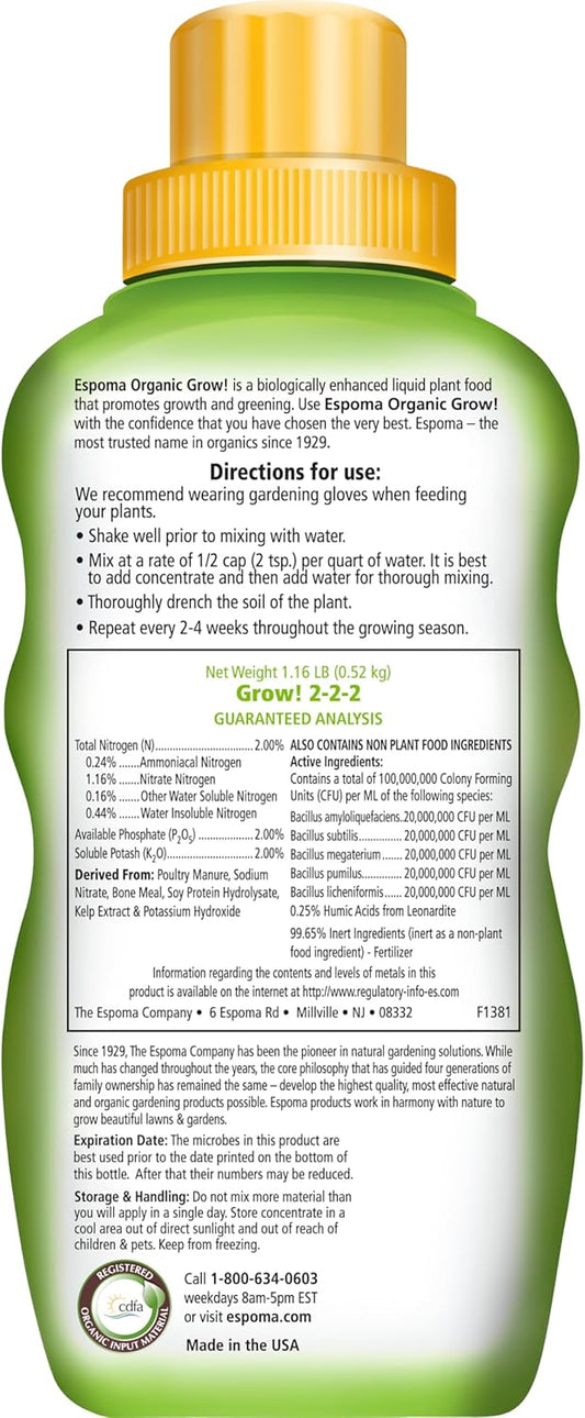 Grow! 16 oz – Espoma Organic Liquid Plant Food for All-Purpose Growth – Includes My Garden Pool Claw Gloves & Soil pH Test Strips