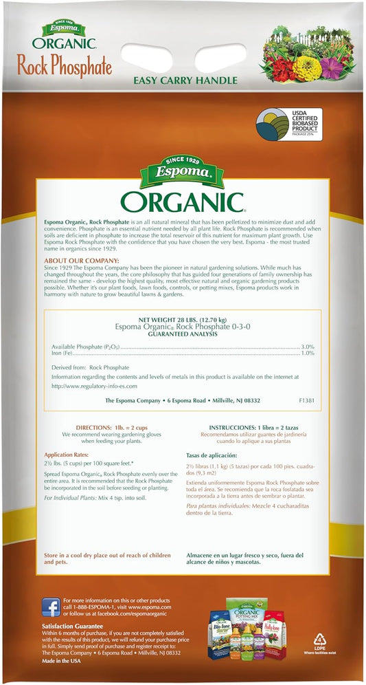 Espoma Rock Phosphate 28 lb – Organic Source of Phosphorus & Calcium – Boosts Root & Flower Growth – With Gloves & pH Test Strips